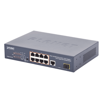 PLANET Switch no Administrable 8 puertos 10/100 PoE 802.3af/at 135W, 1 puerto Uplink 10/100/1000 y 1 SFP 100/1000 para escritorio