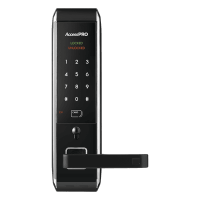 Syscom Cerradura inteligente para puertas con doble cerrojo/teclado Touch Screen, Apertura con tarjeta Mifare /Contraseña y Llave de emergencia