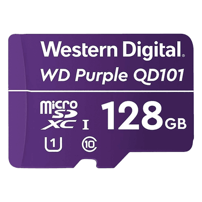 Western Digital (WD) Memoria microSD de 128 GB PURPLE, Especializada Para Videovigilancia, 10 VECES MAYOR DURACIÓN, 3 AÑOS DE GARANTIA