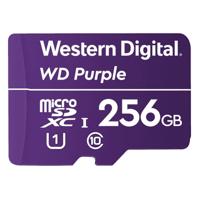 Western Digital (WD) Memoria microSD de 256 GB PURPLE, Especializada Para Videovigilancia, 10 VECES MAYOR DURACIÓN, 3 AÑOS DE GARANTIA