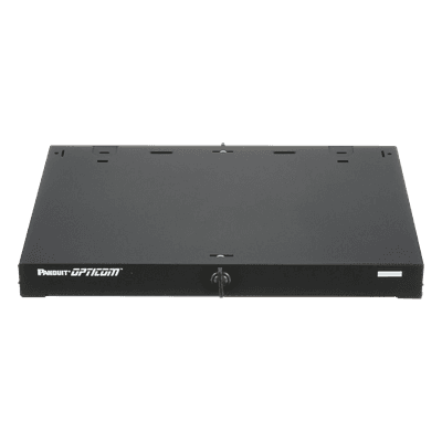 PANDUIT Panel de Distribución de Fibra Óptica, Acepta 3 Placas FAP o FMP, Bandeja Deslizable e Inclinable Hacia Abajo, Hasta 72 Fibras, Color Negro, 1UR
