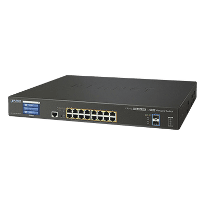 PLANET Switch Administrable Capa 3, 16 Puertos Gigabit con PoE 802.3bt, 2 Puertos 10 G SFP+, Pantalla Táctil (400 W)