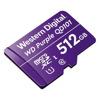 Western Digital (WD) Memoria microSD de 512 GB PURPLE, Especializada Para Videovigilancia, 10 VECES MAYOR DURACIÓN, 3 AÑOS DE GARANTIA