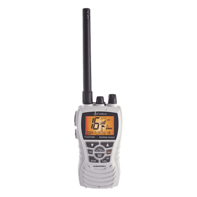 COBRA Radio portátil marino, flotante y sumergible con función de eliminación de agua de la bocina mediante vibración, potencia de RF de 6 Watts.