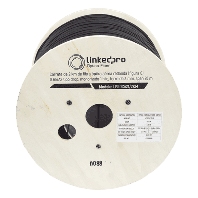 LINKEDPRO BY EPCOM Carrete de 2 km de Fibra Óptica Aérea redonda (Figura 0) G.657A2 tipo Drop, Monomodo, 1 hilo, forro de 3 mm, Span 80m