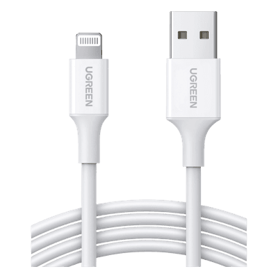 UGREEN Cable USB-A a Lightning | 1 Metro | Certificado MFi | Carga Rápida 5V/2.4 A| 480 Mbps | PD | Conector C89 | Adecuado para iPhone, iPad y iPod | Protección Integrada | Caja de ABS | Cubierta de TPE | Color Blanco.