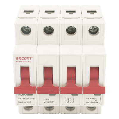EPCOM POWERLINE Protección Térmica 4P, 20A, Corriente Directa 1000 Vcc para Aplicación Fotovoltaica Montaje Riel DIN