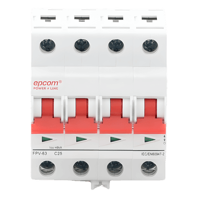 EPCOM POWERLINE Protección Térmica/ Interruptor 4P, 25A, Corriente Directa 1000 Vcc para Aplicación Fotovoltaica Montaje Riel DIN