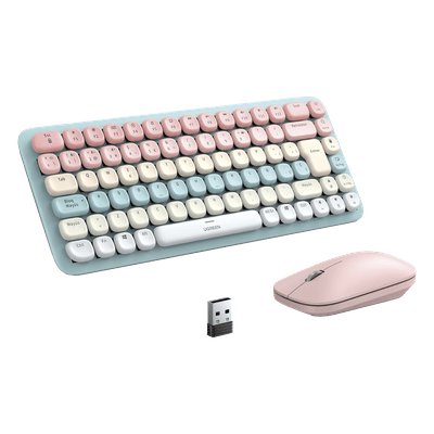 UGREEN Paquete de Teclado y Mouse | 85 teclas en Español | Bluetooth y 2.4GHz | Mouse Ambidiestro | Sensor de DPI ajustable | Efectos de Iluminación del Teclado | Amplia compatibilidad | Color Rosa.