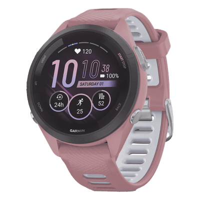 GARMIN Forerunner® 265S, Bisel negro con carcasa en rosa y correa de silicona en rosa/gris