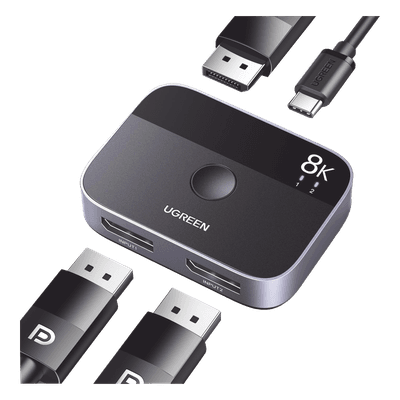 UGREEN Conmutador DP 1.4 8K | Display Port Splitter 2 Entradas a 1 Salida | Bidireccional | 3D | HDR10+ | Dolby Atmos | 240Hz | 48Gbps | Compatible Free-Sync/G-Syng | Sincronización de Audio | Potentes Chips de Última Generación.
