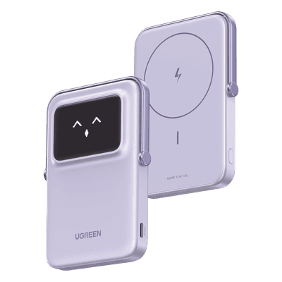 UGREEN Power Bank Inalambrico | 5000mAh | 7.5W | Con Emojis de Estado | Carga Rápida USB-C Bidireccional | Pantalla TFT Inteligente | 13 niveles de Proteccion | Con Holder | Color Purple.