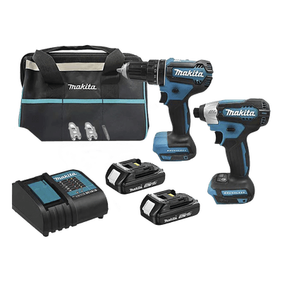 MAKITA Kit de Rotomartillo Atornillador DHP485Z + Atornillador de Impacto DTD157Z, incluye 2 Baterías BL1815N, 1 Cargador DC18SD y Maleta de lona.