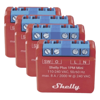 SHELLY KIT 4 piezas Mini Interruptor inteligente con Wi-Fi, medición de consumo, 1 canal 8A, compatible con asistentes de voz Alexa y GoogleHome