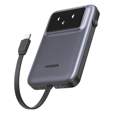 UGREEN Power Bank Serie Uno | 10000mAh | 30W | con Cable USB-C Incorporado | 2 Salidas 30W Max. | Pantalla Inteligente | Carcasa Ignifuga | Aprobado por Aerolíneas.| Color Grey.