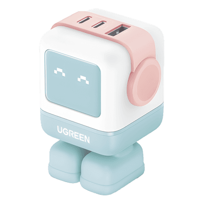 UGREEN Cargador RobotGaN de 65W Serie UNO | 3 Puertos de Carga Rápida | 2 USB-C | 1 USB-A | PD 3.0 | QC 4.0 | Carga Inteligente | Tecnología GaN II | Zapato Magnético Extraíble | Carcasa Ignifuga | Pantalla LED.