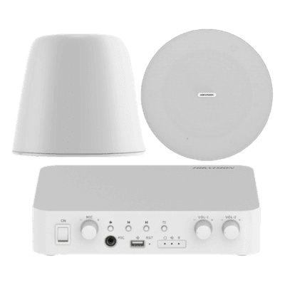 HIKVISION Kit de amplificador compatible con Spotify | Bluetooth | 2 Altavoces Colgantes | sistema 100v | 2 canales con control de volumen independiente | música ambiental