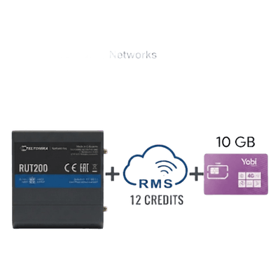 TELTONIKA Router Teltonika LTE/4G RUT200 + 12 creditos RMS + SIM de YOBI de 10GB por Mes durante un año de servicio (solo datos)