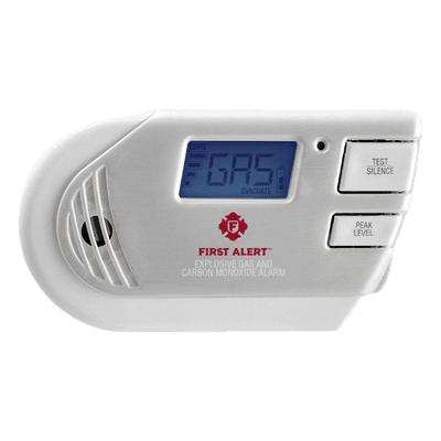 FIRST ALERT Detector Combo de Combinación de Gases Explosivos: Metano (GN), Propano (LP) y Monóxido de Carbono (CO), Con Pantalla Digital Retroiluminada, 120 Vca y Batería de Respaldo