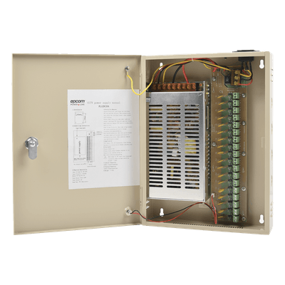 EPCOM POWERLINE Fuente de alimentación para 12 Vcc, 20 A, 18 salidas; Voltaje de entrada : 100-240 Vca, con capacidad de respaldo, requiere batería