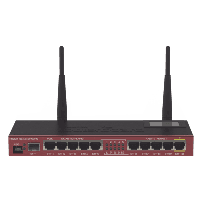 MIKROTIK Router Board, 10 Puertos Ethernet, 1 Puerto SFP, Wi-Fi de Gran Cobertura 2.4 GHz Antenas de 4 dBi, hasta 1 Watt de potencia