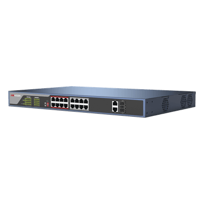 HIKVISION Switch PoE 250 Metros Larga Distancia / 16 Puertos 802.3at (30 W) 100 Mbps + 2 Puertos Gigabit + 2 Puertos SFP