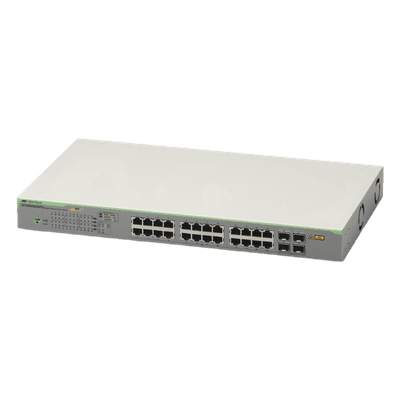 ALLIED TELESIS Switch PoE+ Gigabit WebSmart de 24 puertos 10/100/1000 Mbps + 4 puertos SFP Gigabit, 185 W