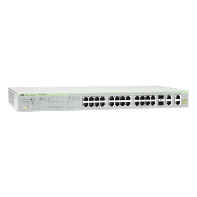 ALLIED TELESIS WebSmart Switch, 24 puertos PoE+ 10/100 Mbps + 2 puertos 10/100/1000 Mbps + 2 SFP Gigabit Combo, 193 W