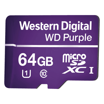 Western Digital (WD) Memoria microSD de 64GB PURPLE, Especializada Para Videovigilancia, 10 VECES MAYOR DURACIÓN, 3 AÑOS DE GARANTIA