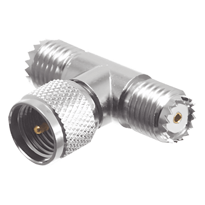 RF INDUSTRIES,LTD Adaptador en T de Conector Mini-UHF Macho a Doble Mini-UHF Hembra, Níquel/ Plata/ Teflón.