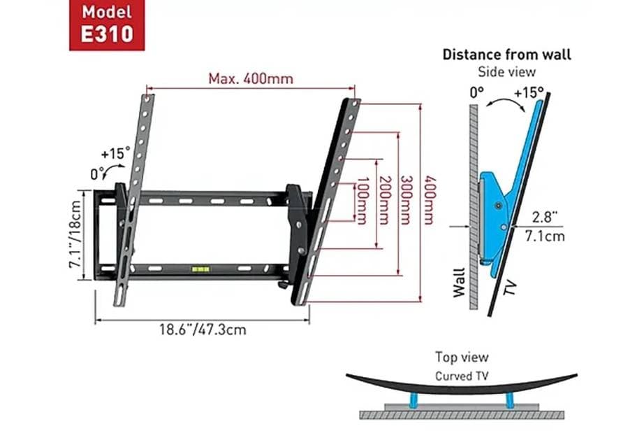 BARKAN Soporte de Pared Barkan E310+ para Pantalla Curvo/Plano 19 - 65, hasta 50Kg, Negro