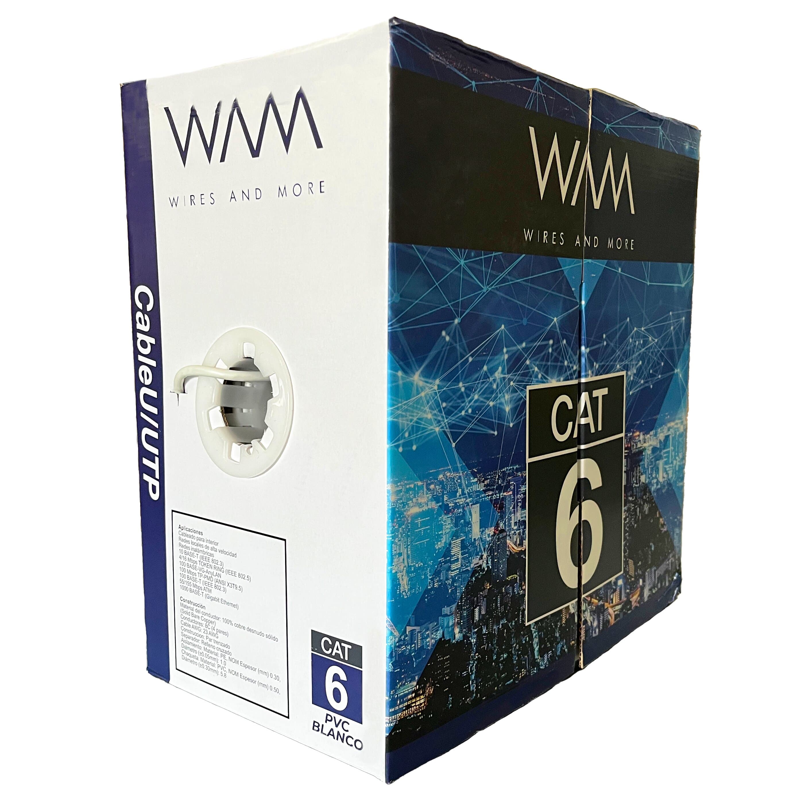 WAM Bobina UTP CAT6 para interior , 4 pares, 23 AWG, bobina de 305 mts, 100% cobre, color blanco