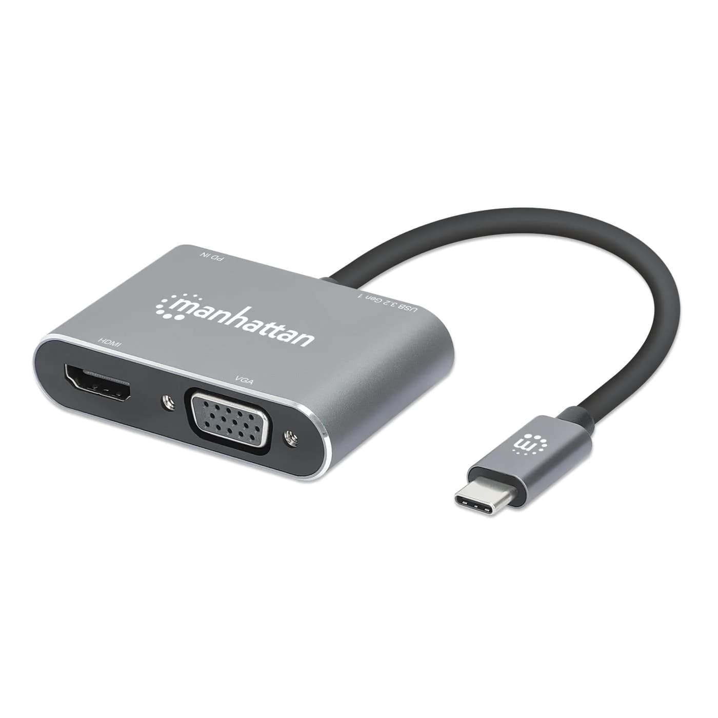 MANHATTAN 130691 Docking Station de USB-C a HDMI y VGA, 4 en 1, con suministro de energía, Crea una configuración de doble pantalla.
