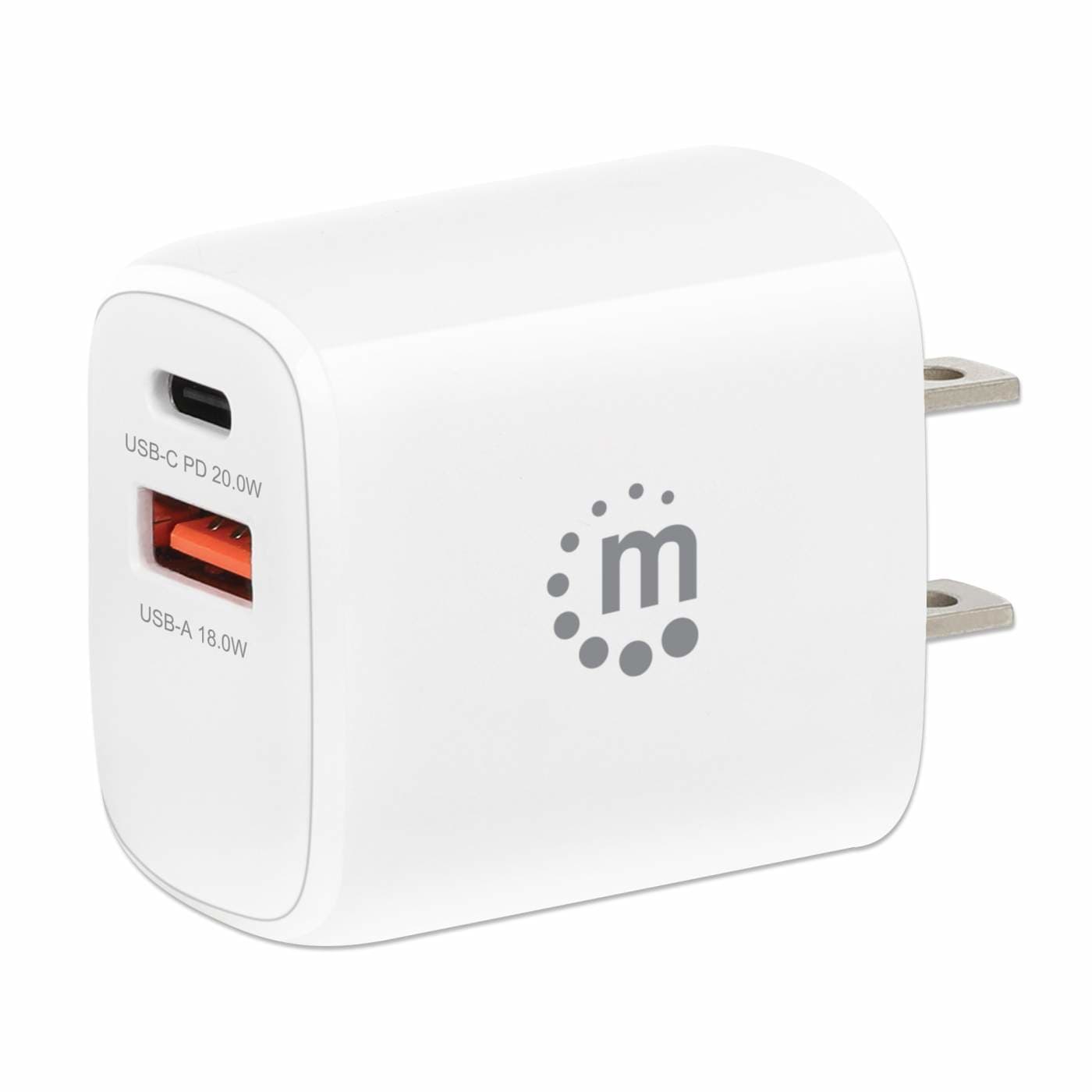 MANHATTAN 406291 Cargador de pared mini para carga de energía por USB de 2 puertos - 20 W, enchufe de EUA, Color blanco