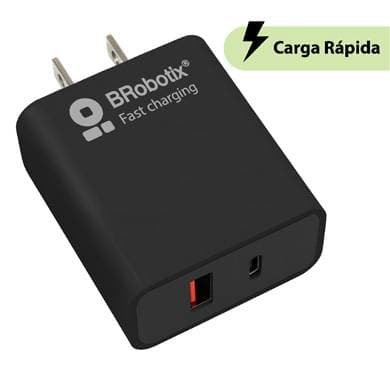 BROBOTIX CARGADOR CARGA RÁPIDA, DUAL USB V3.0, 18W, 1 PUERTO TIPO A Y 1 PUERTO TIPO C, COLOR NEGRO, BROBOTIX 6006658