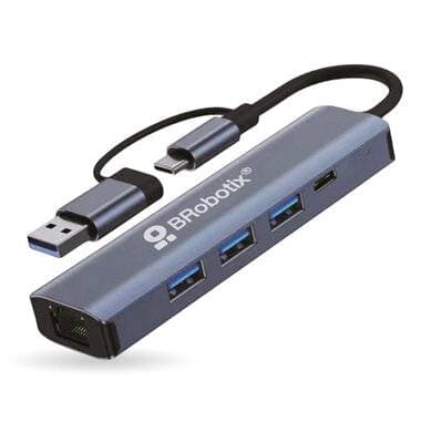 BROBOTIX DOCKING 5 EN 2: CONECTOR DUAL USB A Y TIPO C A 3 PUERTOS USB V3.0, 1 PUERTO USB TIPO C Y RJ45 GIGABIT, BROBOTIX 406603