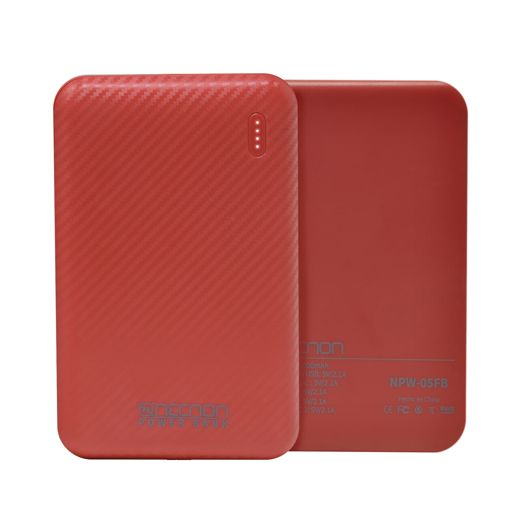 NECNON POWERBANK NPW-05FB Necnon 5000mAh CARGA 2.1A 1 A 2 CARGAS INDICADOR LED ENTRADA Y SALIDA TIPO C ROJO CARGA ACELERADA NBPB0502FB