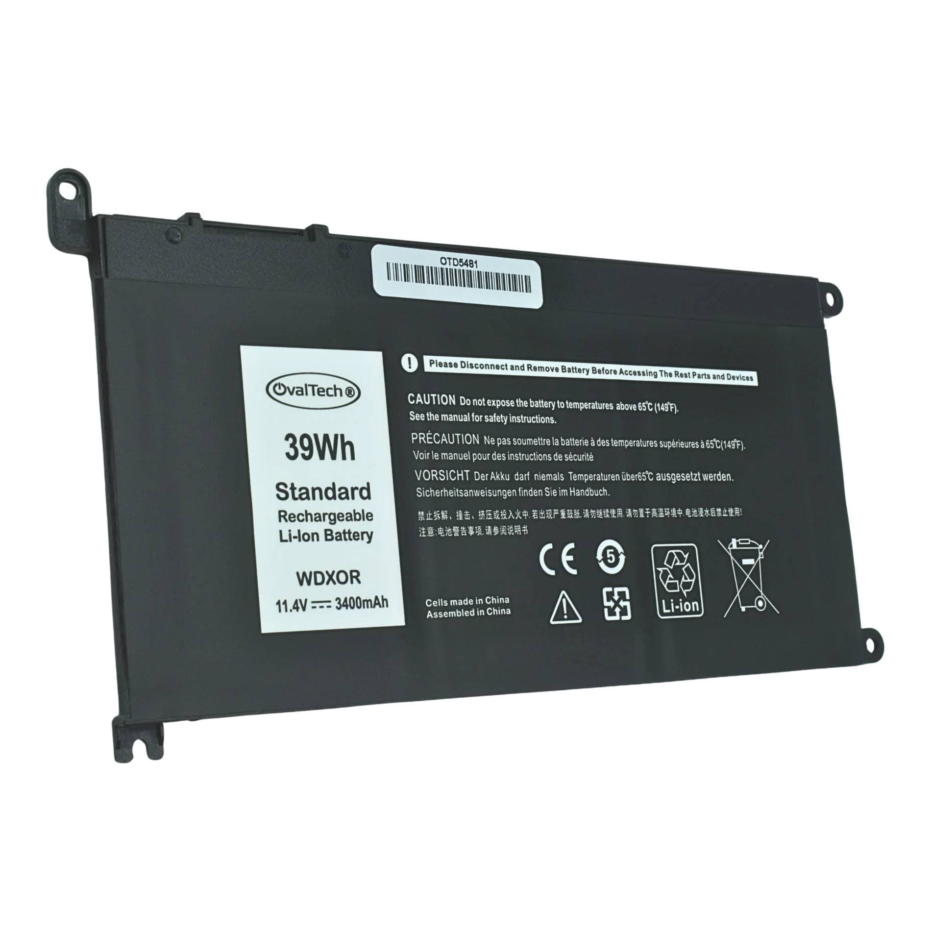 OVALTECH Batería OTD5481 OVALTECH Polimero,11.4V, 39 Wh, 3400mAh, 3 Celdas para DELL INSPIRON 13 5378 5368 , WDX0R