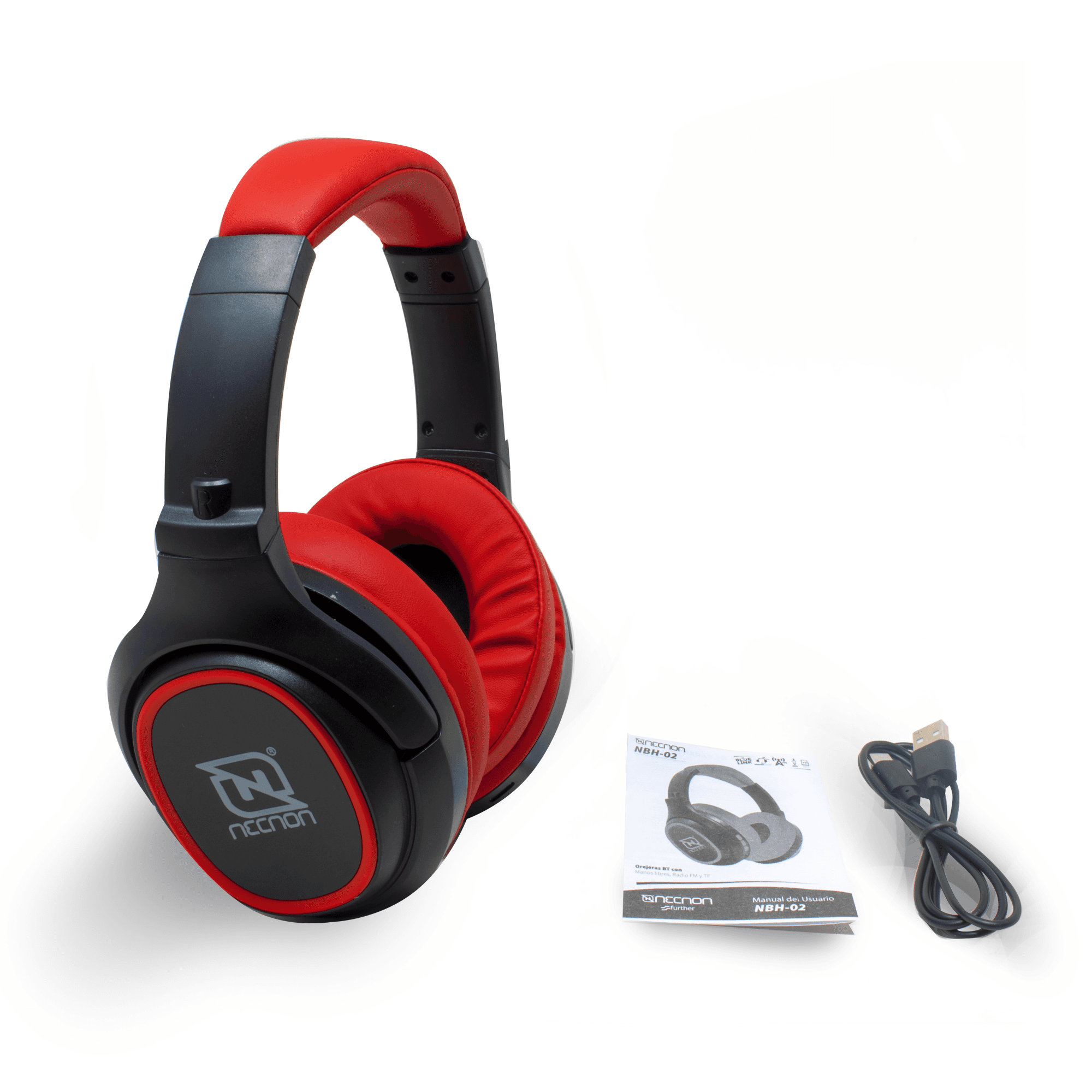 NECNON AUDIFONOS OVER-EAR BLUETOOTH NBH-02 SIMULACION CANCELACION DE RUIDO 3.5MM RADIO FM MICRO SD 3.5MML MANOS LIBRES TYPE C ROJO