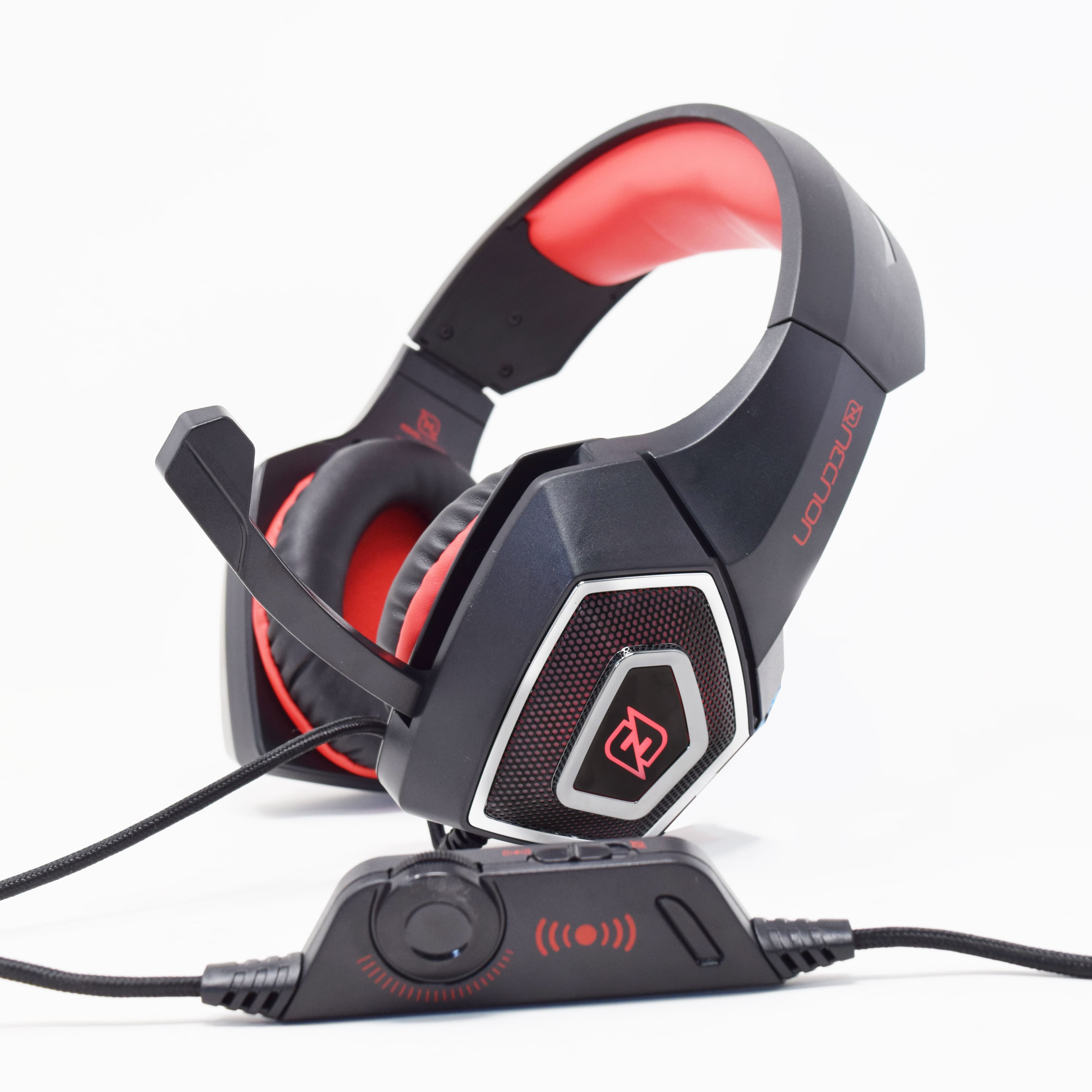 NECNON HEADSET GAMING OVER-EAR NBHG DRAGON LED ALAMBRICO DIADEMA FLEXIBLE CON VIBRACION MICROFONO 3.5MM USB PC CONSOLAS CELULAR C/ADAPTADOR ROJO