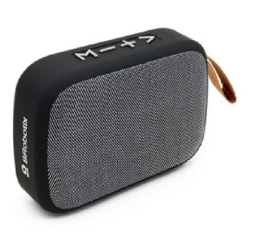 BROBOTIX BOCINA BLUETOOTH, INALAMBRICA, RECARGABLE, STEREO C/RADIO FM, LECTOR USB Y MICRO USB, PORTATIL, ANTIDESLIZANTE, NEGRO/GRIS, C/CORREA, BROBOTIX 136469