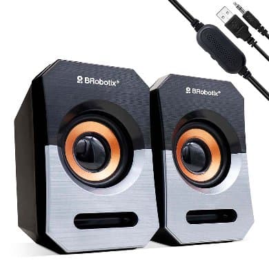 BROBOTIX BOCINA ALAMBRICA, STEREO, USB + 3.5 MM, C/CONTROL DE VOLUMEN, ANTIDESLIZANTE, DE ESCRITORIO, P/PC/LAPTOP, NEGRO/PLATA, BROBOTIX 963913