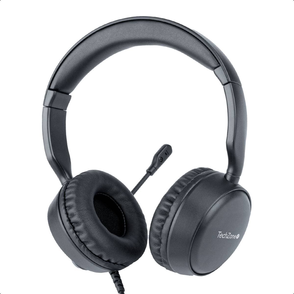 TECHZONE Diadema alámbrica con micrófono TZACDII02 TechZone, color negro, conexión USB-A, banda para cabeza acojinada, Impedancia de micrófono de 2200 W