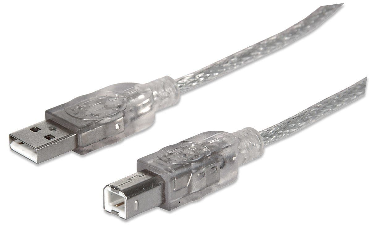 MANHATTAN 345408 Cable para impresora USB-A a USB-B de 5mts, color Plateado, Velocidades de hasta 480 Mbps.