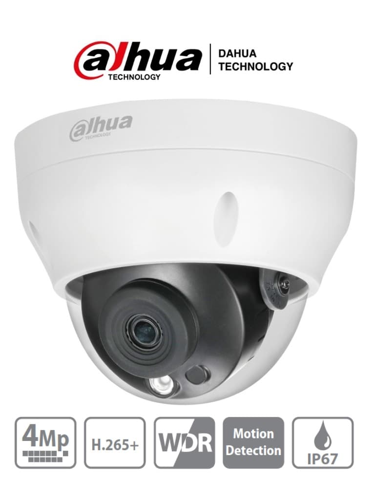 Dahua Technology DAHUA IPC-HDPW1431R1-S4 - Camara IP Domo de 4 Megapixeles/ Lente de 2.8mm/ IR de 30 Mts/ H.265/ WDR Real/ IP67/ PoE/ 3D DNR/ HLC/