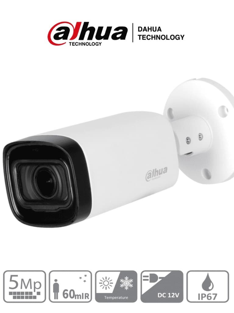 Dahua Technology DAHUA HAC-HFW1500R-Z-IRE6 - Camara Bullet de 5 Megapixeles/Lente Motorizado de 2.7 a 12 mm/ IR de 60 Mts/ Metálica/ IP67/ BLC/HLC/DWDR/