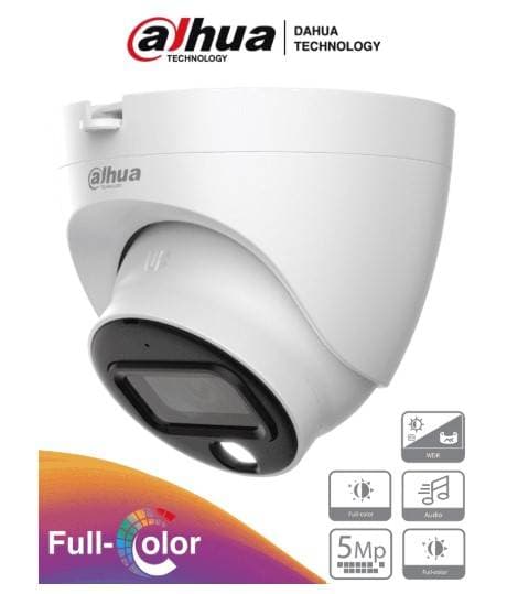 Dahua Technology Cámara Domo Full Color 5MP, micrófono integrado, lente 3.6 mm, Visión 88°. Ofrece imagen a color 24/7, WDR real 120dB, LEDs para 20 metros, IP67
