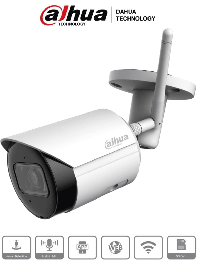Dahua Technology DAHUA IPC-HFW1430DS-SAW - Camara IP Bala Wifi de 4 Mp/ Lente de 2.8mm/ 90°/ H.265+/ IR de 30 Mts/ Integrado/ Ranura para MicroSD/ Metalica/ IP67/ DWD