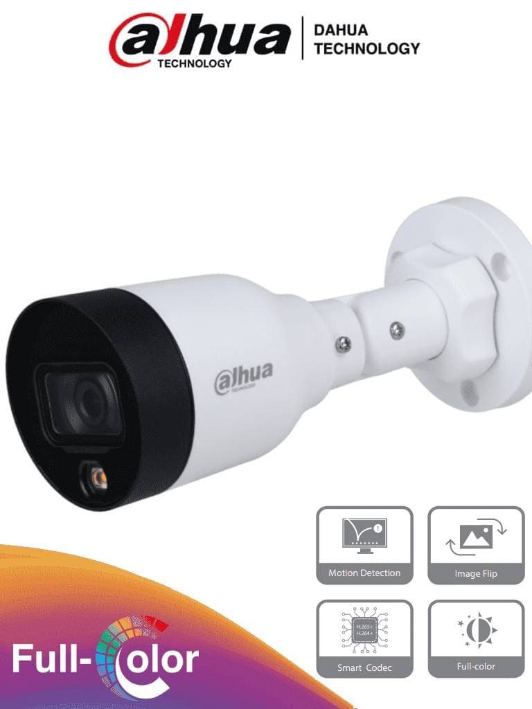 Dahua Technology Cámara DAHUA IPC-HFW1239S1-LED-S4 - Cámara IP Bullet Full Color 2 Megapíxeles, Lente de 2.8mm, Luz Blanca de 15 Mts, H.265, IP67, PoE, DWDR