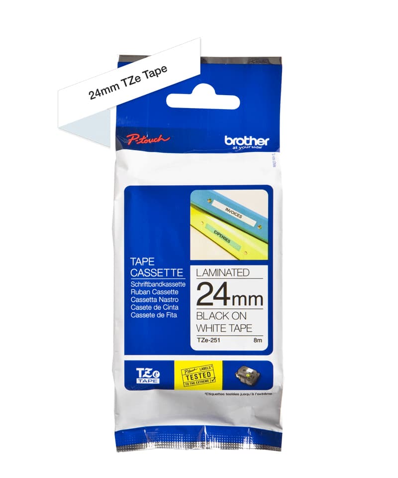 BROTHER Etiqueta blanca continua laminada Brother TZE251, de 24 mm de ancho x 8 mts de largo. Impresión en negro